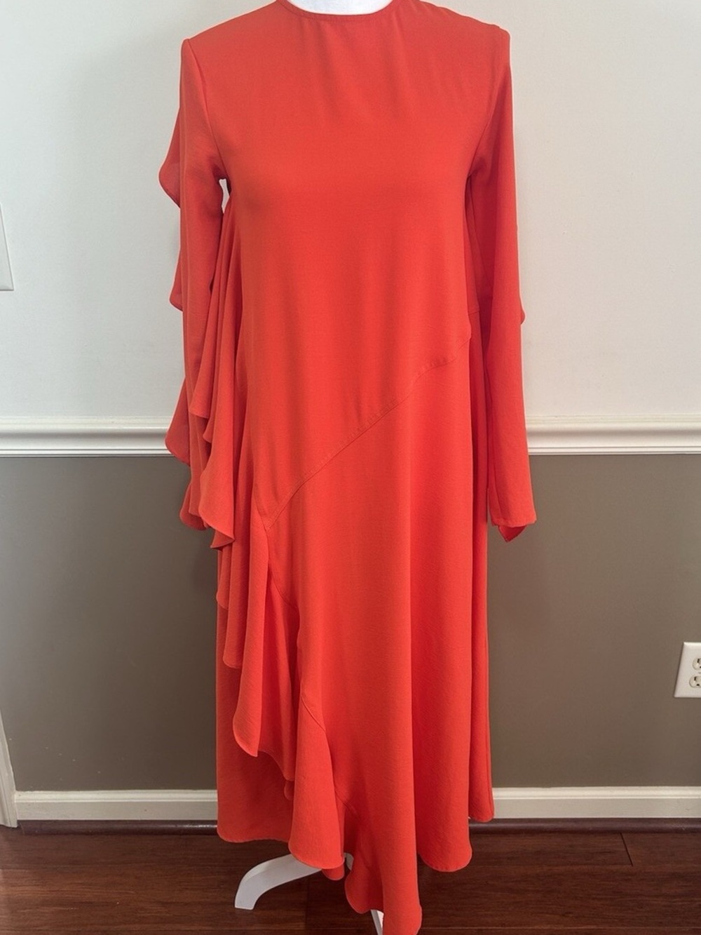Zara Vibrant Orange Long-Sleeve Asymmetric Ruffle Dress